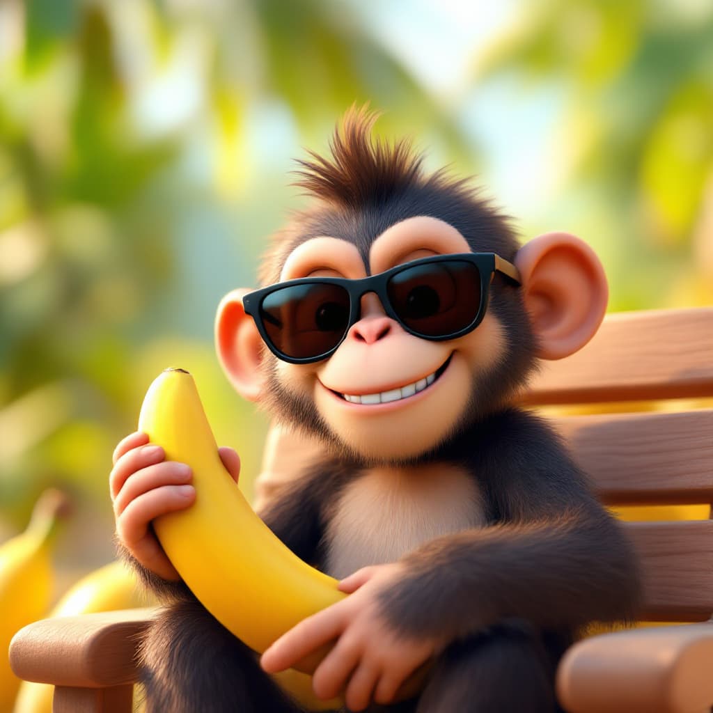 AI generated: *"A cheerful cartoon monkey wearing stylish sunglasses, happily holding a yellow banana, sitting rel...
