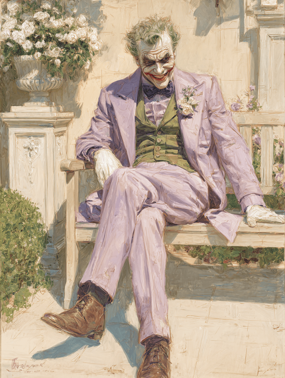 AI generated: portrait of the Joker, middle-aged, Caucasian male, seated on a light beige wooden bench in a sun-dr...