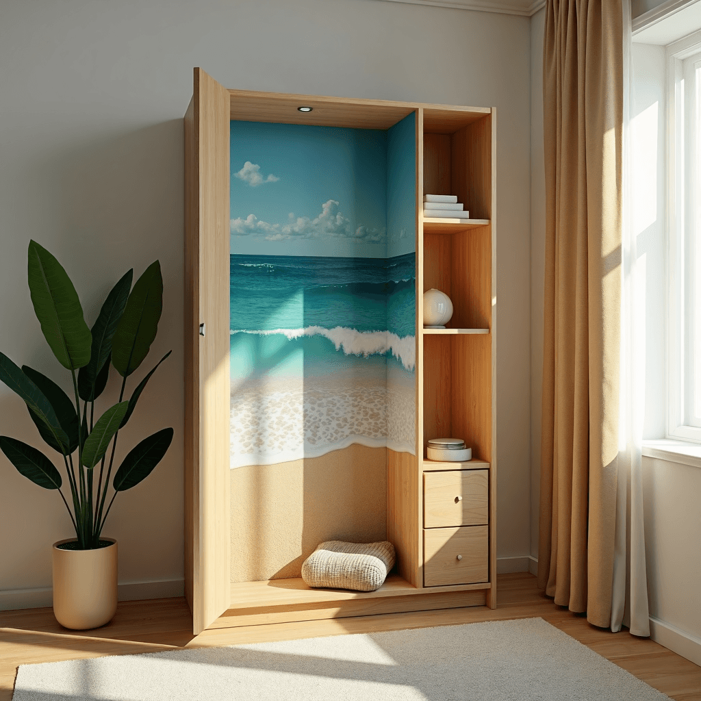 AI generated: in an ordinary room ,
there is a wardrobe with  shelf  containing on it's surface a small microworl...
