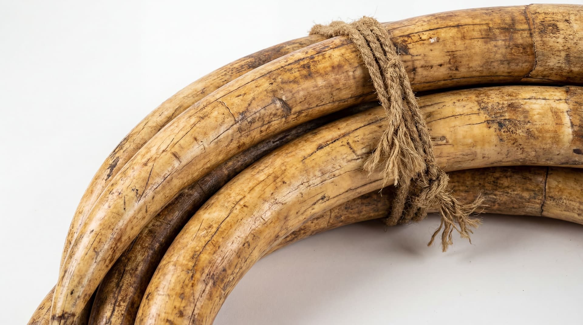 AI generated: Bundles of Raw Ivory: Large, yellowed elephant tusks tied together with coarse hemp rope. These shou...
