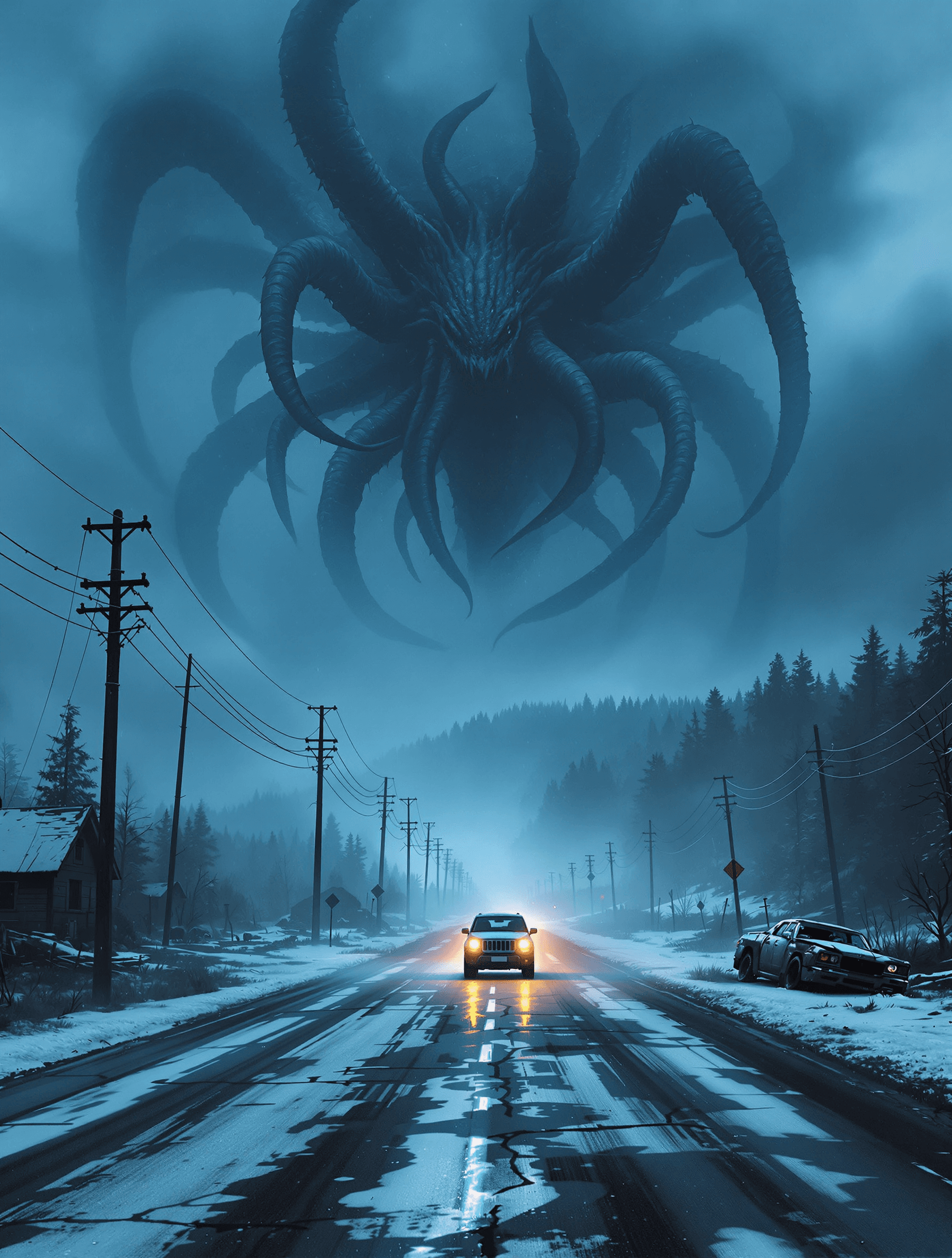 AI generated: A colossal eldritch creature towers ominously over a desolate small town, its massive limbs and coun...