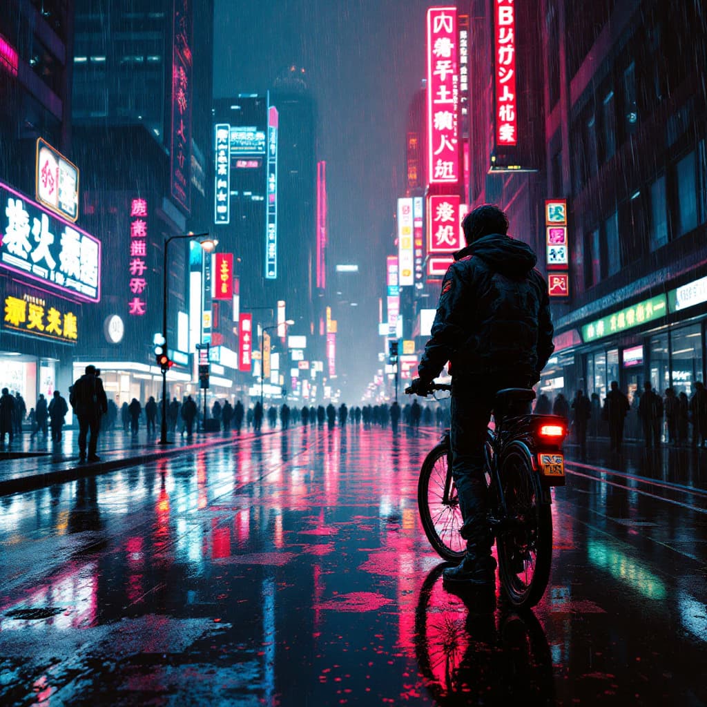 AI generated: kaneda poses at his bike in a Rainy cityscape with neon lights, cyberpunk, futuristic buildings, ref...