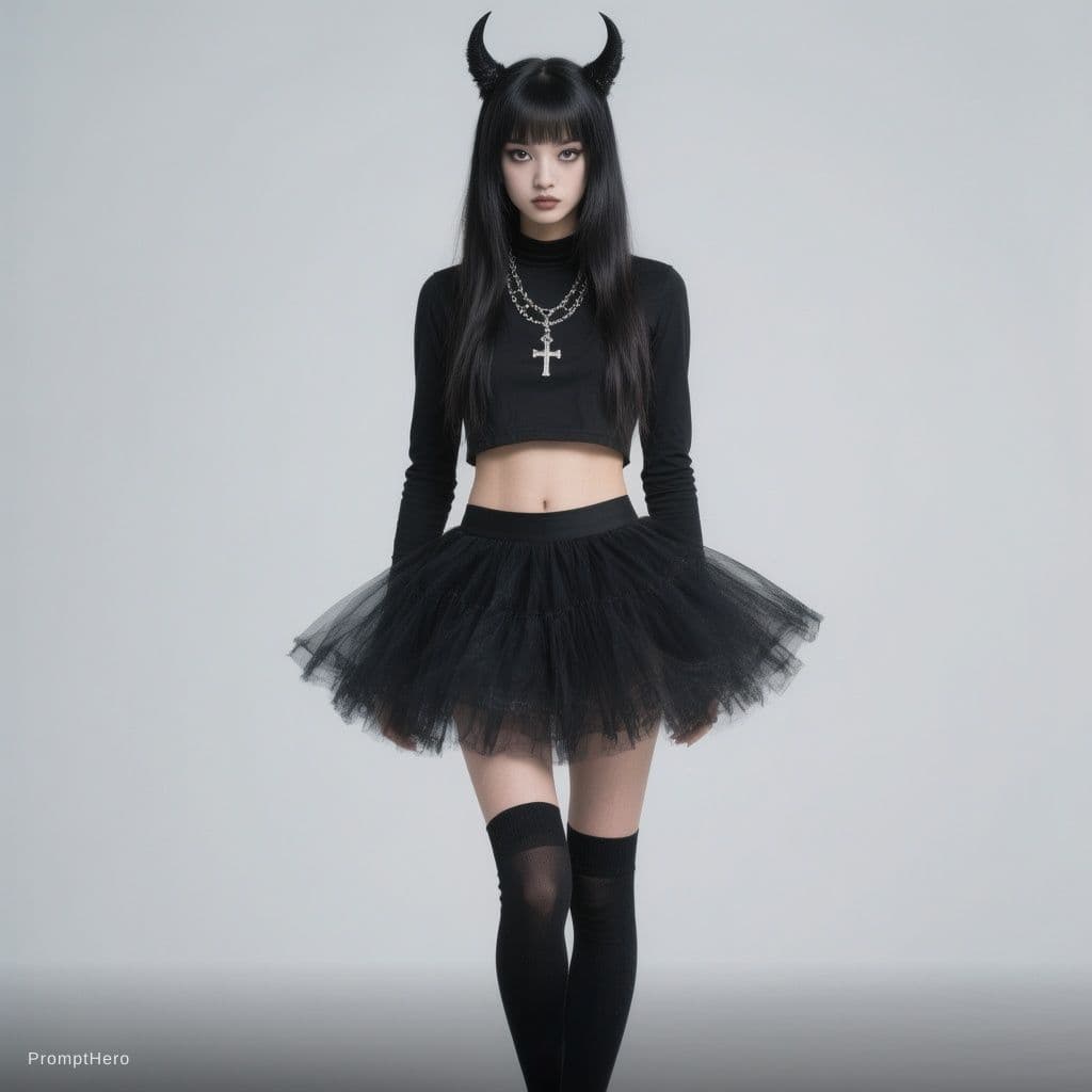 AI generated: asian\maxican goth girl in overnknee socks black ballet skirt, minimalistic crop top