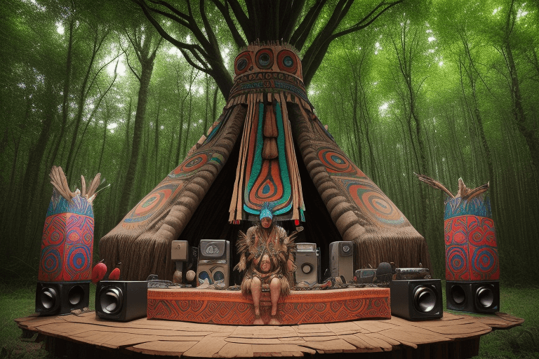 AI generated: tribal stage with trees and fraktalic sound speakers with a person with a beautiful and fine indigen...