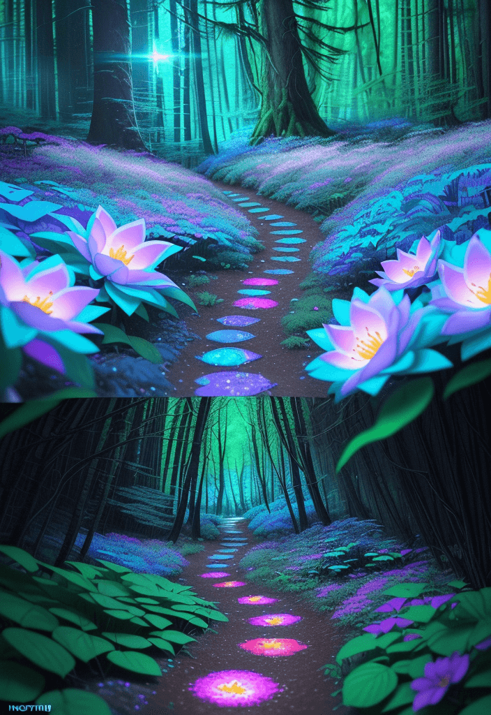 AI generated: color contrasts provoking composition, magic dreamy atmosphere, 35mm wide contrast shot, path in the...