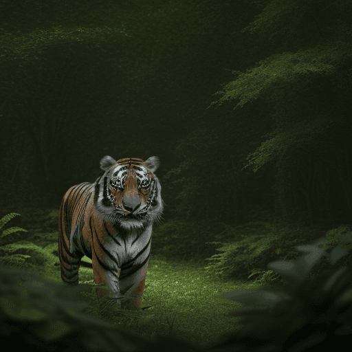 AI generated: A black - brown Tiger,in a cloudy dark-green forest,among bluish bushes,realistic photo,8k.
