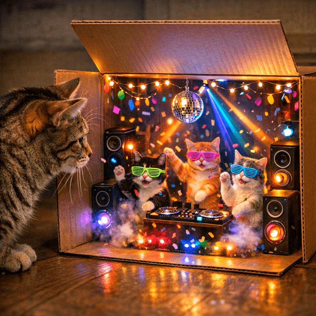 AI generated: A cat looking at a box with lights and music inside, Inside the cardboard box, there is a party with...
