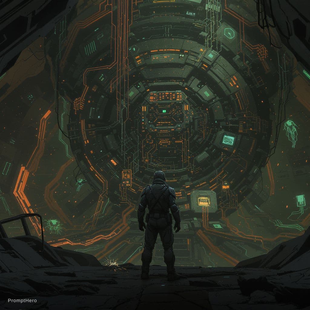 AI generated: A stunning and intricate illustration of a lone figure standing before a massive, futuristic central...