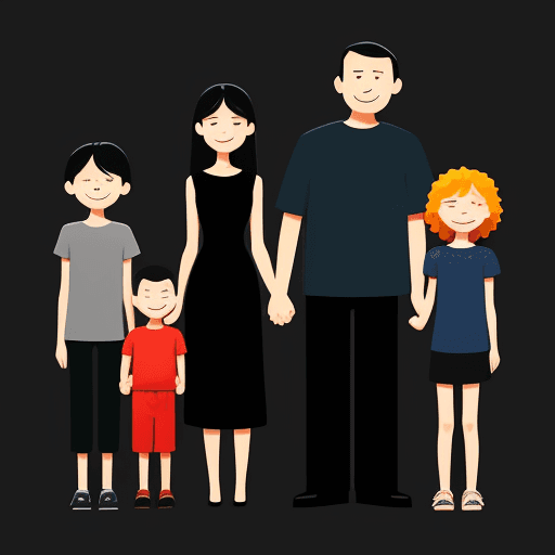 AI generated: illustration art, series of simple, colorful, family, mom, dad, son, daughter, exaggerated, solid-bl...