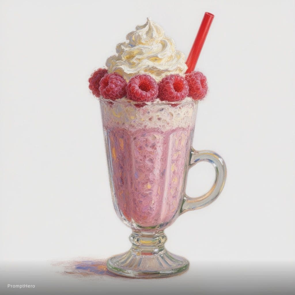 AI generated: a ultra highly detailed Impressionism oil painting of a delicious raspberrie milkshake, whipped crea...