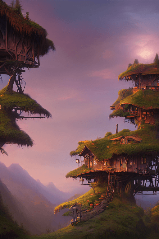 AI generated: valley, fairytale treehouse village covered,, matte painting, highly detailed, dynamic lighting, cin...