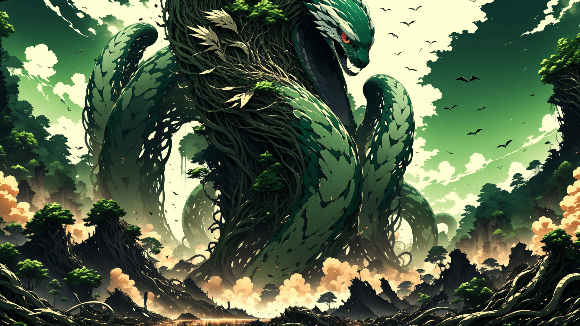 AI generated: anime key visual, landscape of a Warm Intricate Forest Green and Tan Landfill, Summer, Sci-Fi, Cobra...