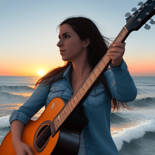 AI generated: Mujer que vuela en una guitarra duarnete el atrdecer sobre
 el mar

