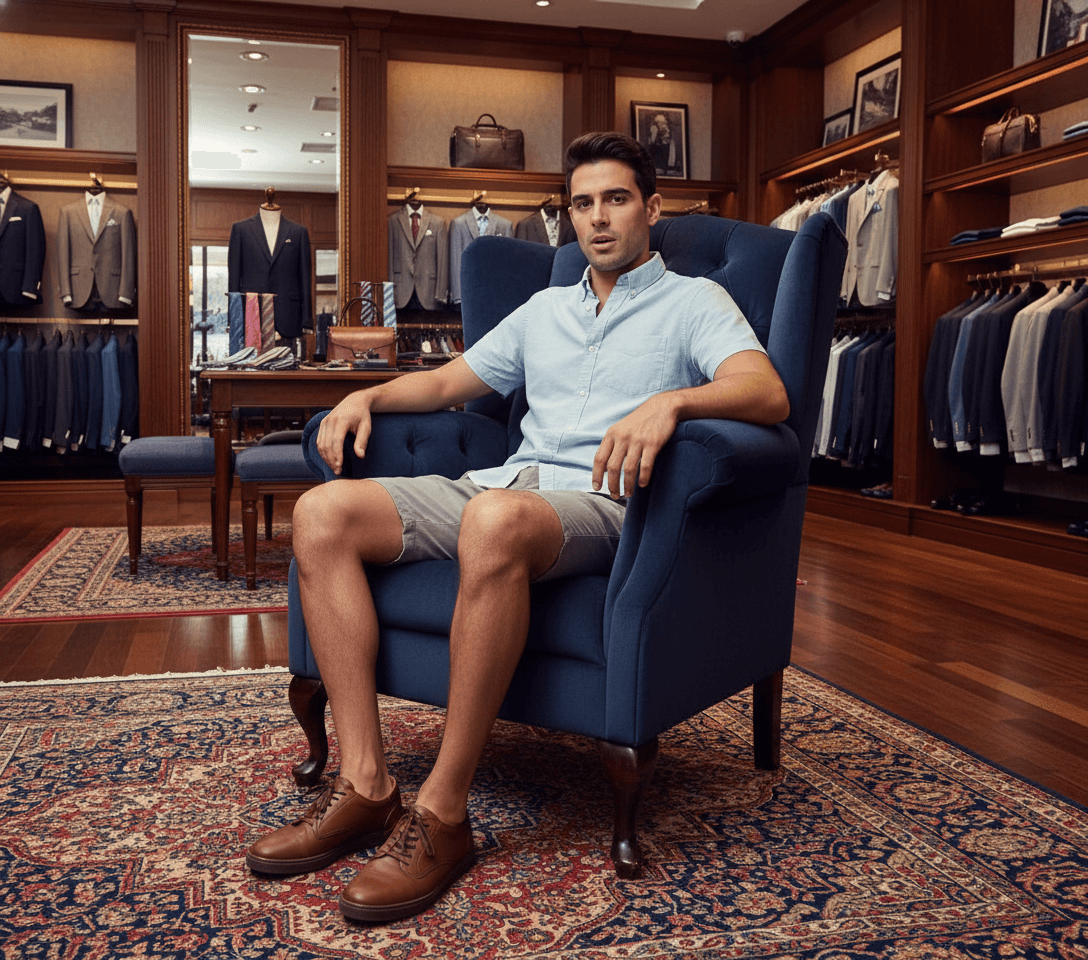 AI generated: At a very luxurious men's clothing store. The Hispanic male is slender, he is 5 feet tall, he is wea...