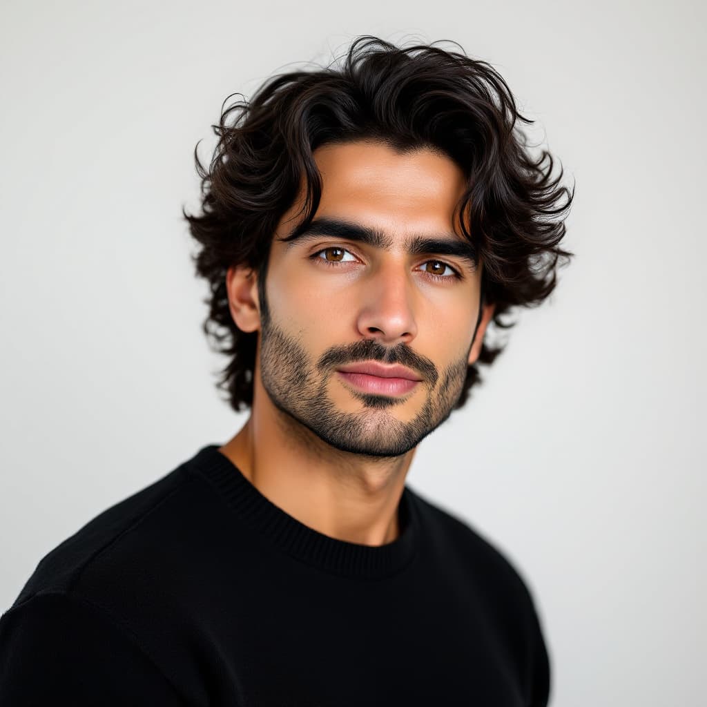 AI generated: Studio shot of a 23-year-old Mediterranean man, olive skin, long curly black hair falling to shoulde...