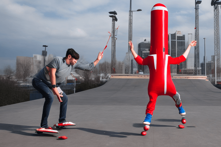 AI generated: Photo of a man A Man with a giant red rocket tied to his back, wearing rollerbaldes, ready to jump o...