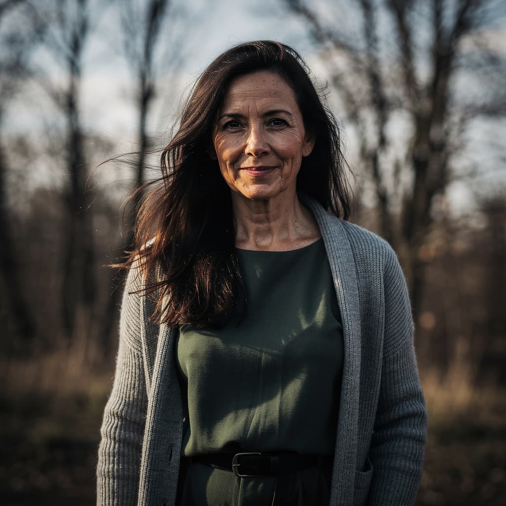 AI generated: cinematic image with dark shadows and high contrast,

A middle-aged woman with long, dark brown hair...