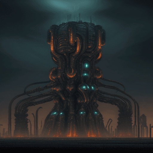 AI generated: A cold, desolate industrial landscape stretches endlessly, filled with metallic structures warped in...