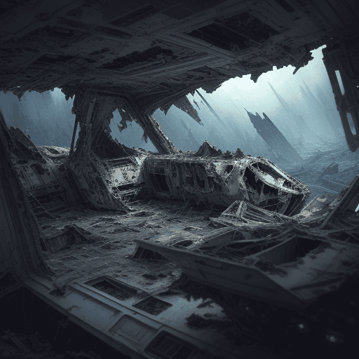AI generated: Wrecked destroyed spaceship wreckage, material and structural damage from front to back, exterior ri...