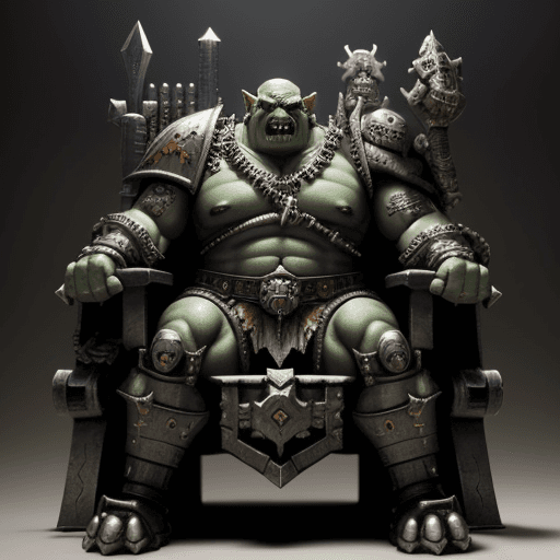 AI generated: Orc boss, warhammer 40000, sitting on throne made of metal parts, in the style of Rembrandt