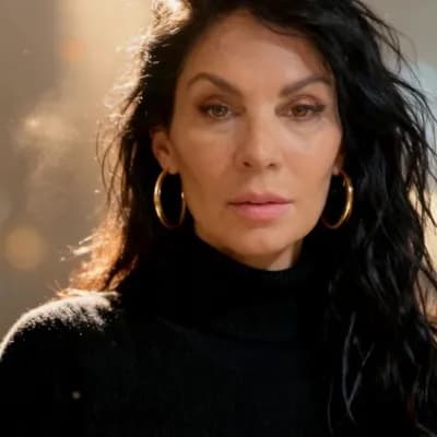 AI generated video: Woman stares at camera as light breeze flows moving her hair creating moving highlights, she gently ...