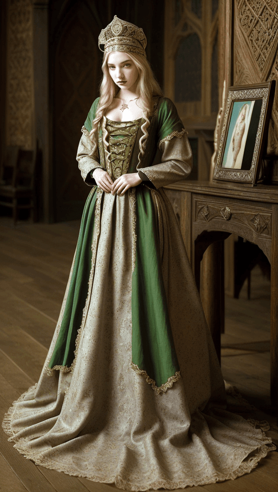 AI generated: Immerse the viewer in the medieval elegance of the 1320s with a visually compelling fashion concept....