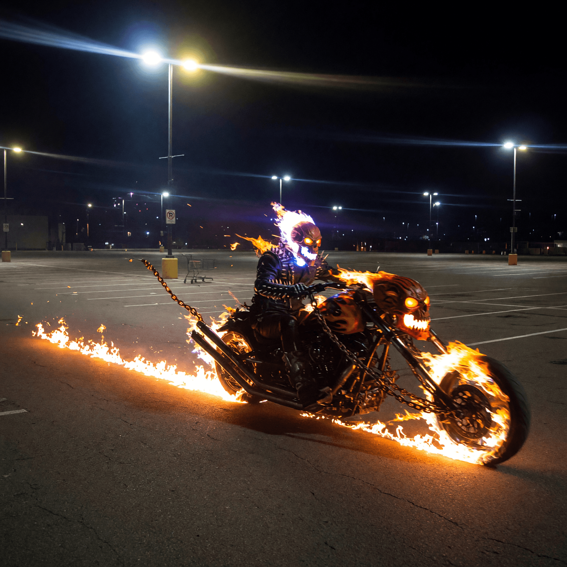 AI generated: Ghostrider's stretched flaming skull and chains motorcycle in an empty parking lot at night driving ...