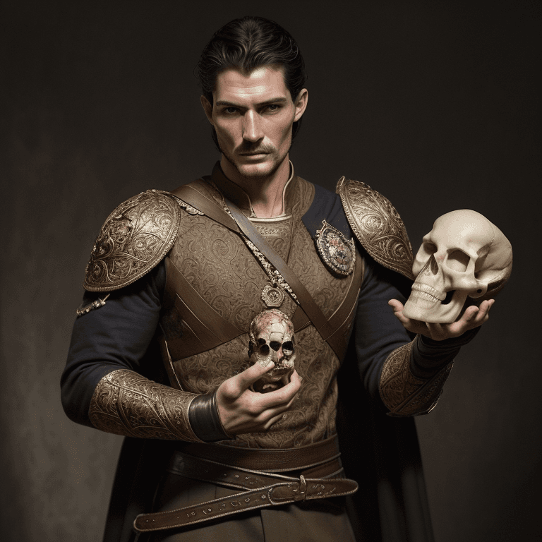 AI generated: Handsome mature prince holding an anatomically correct human skull  in the palm of his hand and aski...