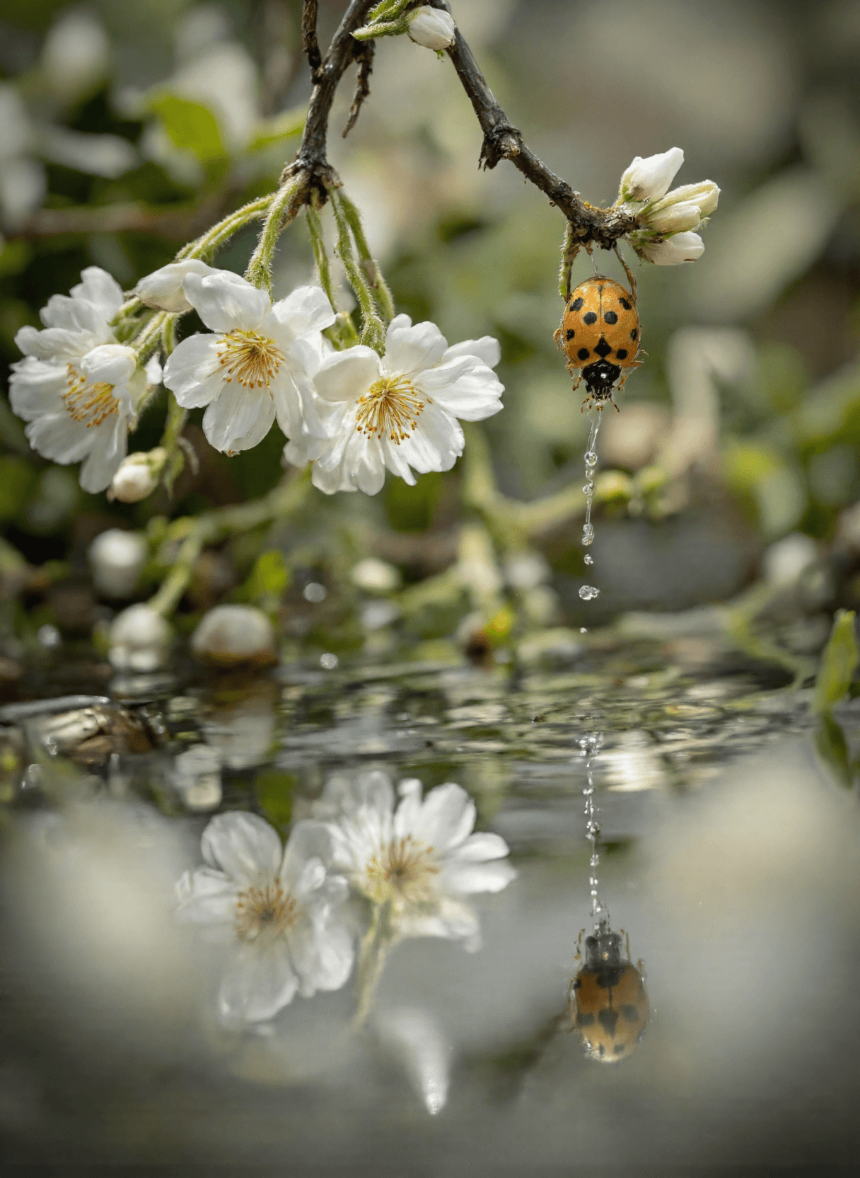AI generated: The image depicts a serene natural scene featuring a ladybug perched on the edge of a branch overhan...