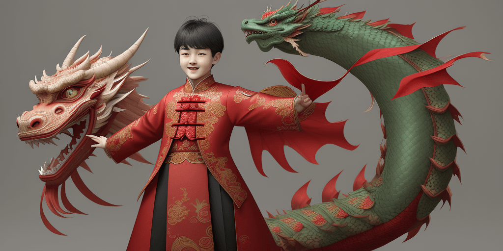 AI generated: a korean boy is standing in front of a lunar new year dragon, in the style of digital painting, intr...