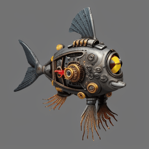 AI generated: robot fish steampunk style, in a sketchy way, mainly grey, red and yellow coloured