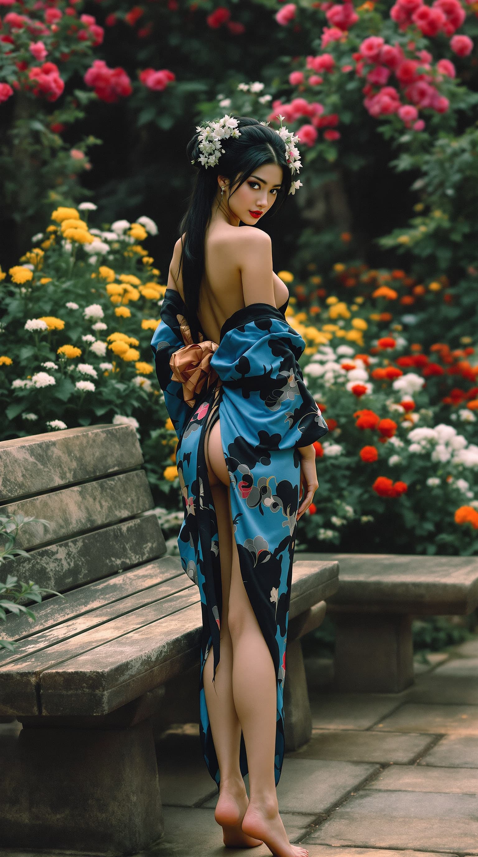 AI generated: Full-length view. A beautiful and stunning Asian woman in a very short blue and black kimono, which ...
