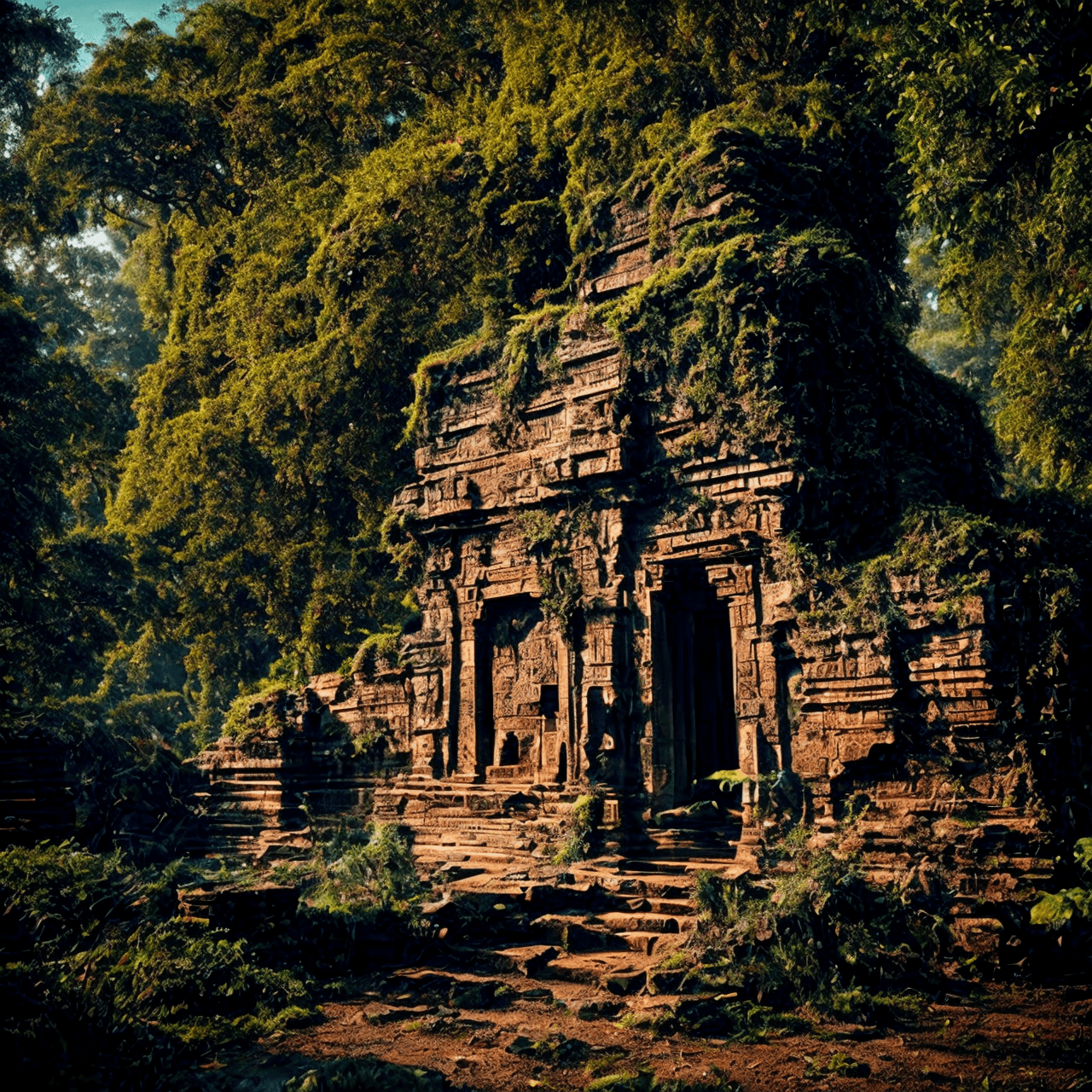 AI generated: Hidden ancient old monument(made up of old brick and stones),low-view(from outside), detailed struct...