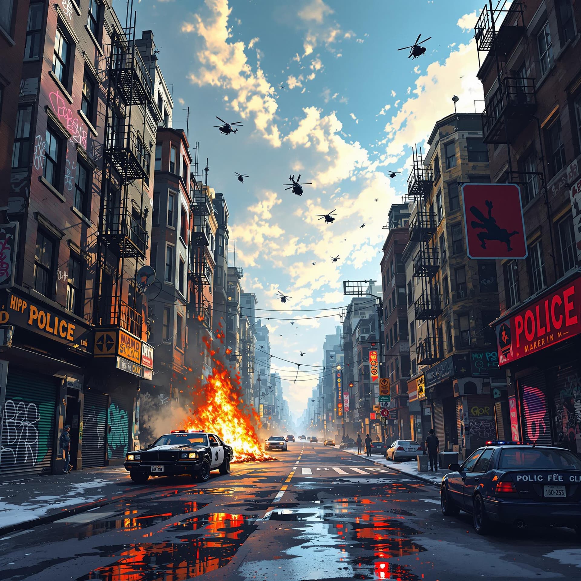 AI generated: hip hop graffiti abandoned street buildings and a car or 2 are on fire, police helicopters overhead,...