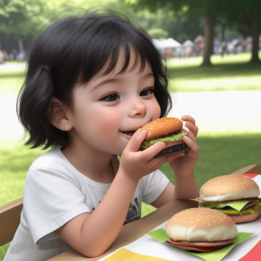 AI generated: A photo of a young child enjoying a burger at a family picnic in the park, taken with a smartphone c...