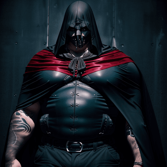 AI generated: high quality foto of a big man, wearing a black mask, dark looking eyes, in a dark blue atmosphere, ...