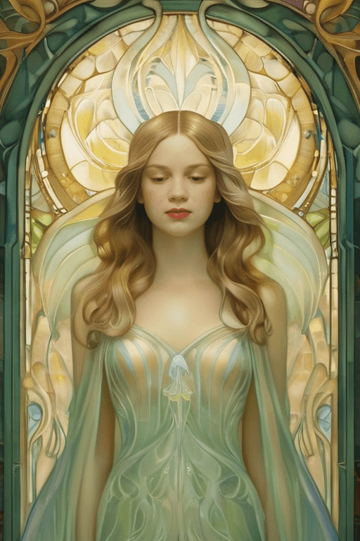 AI generated: (art nouveau:1.5) (realistic) oil on canvas, painting with art nouveau stylized Cthulhu behind the w...