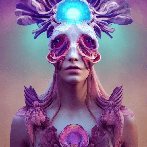 AI generated: Goddess close-up portrait ribcagel. jellyfish phoenix head, nautilus, orchid, skull, betta fish, bio...