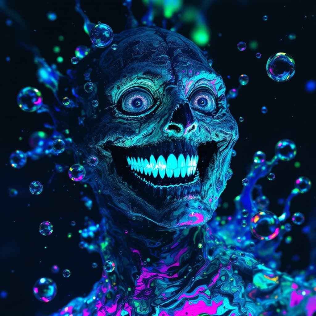 AI generated: abyssopelagic heretic, sinister sly smile bubble escapade, doomed user, glitch art in oceanic 3d tec...