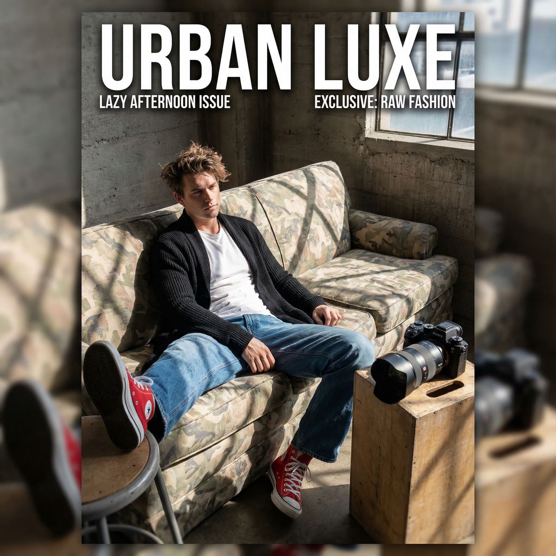 AI generated: photography, magazine cover, tilt shot, male model lounging on a worn camouflage sofa, casually dres...