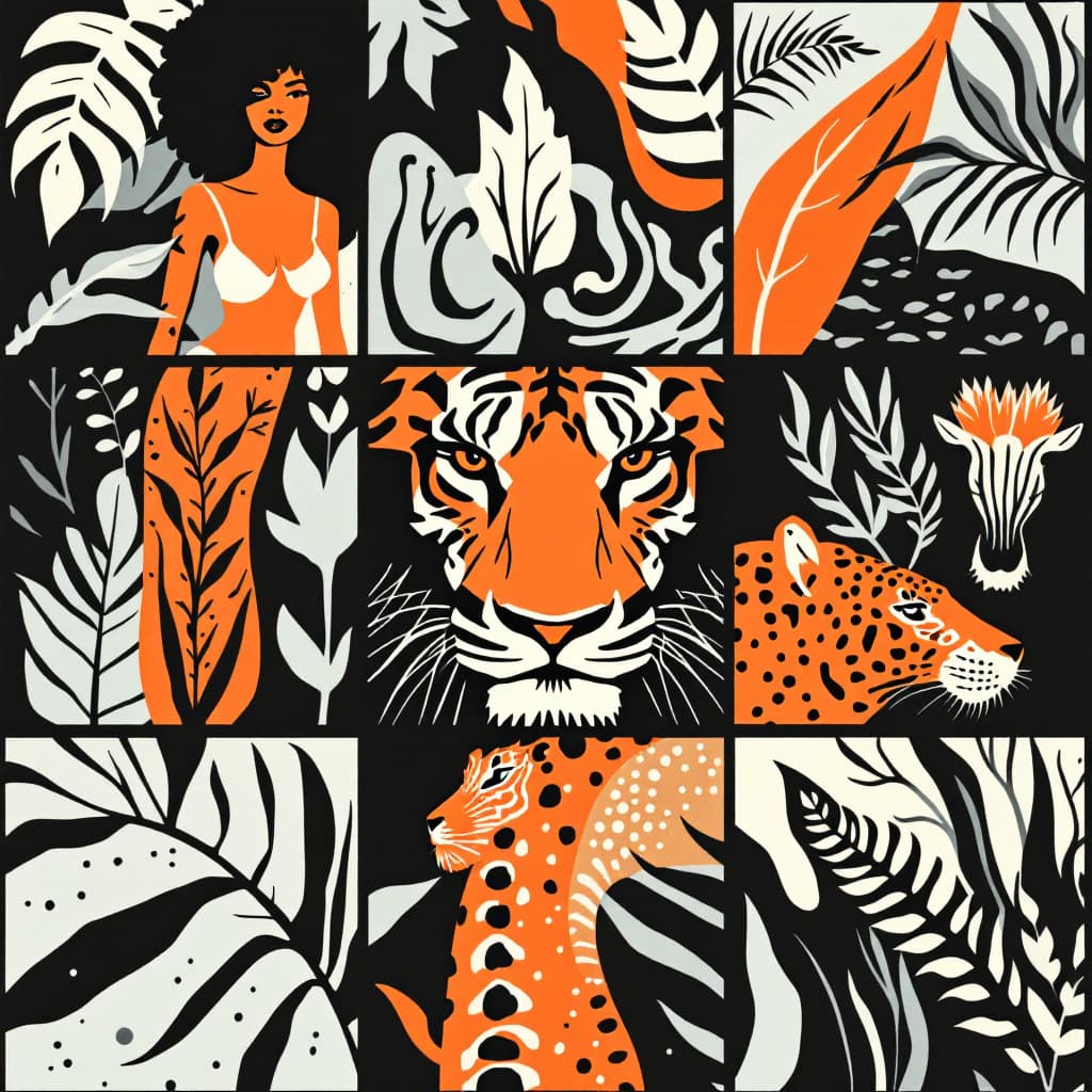 AI generated: graphic illustration, 3x3 grid. in the style of pop art bold and graphic imagery, jungle style, blac...