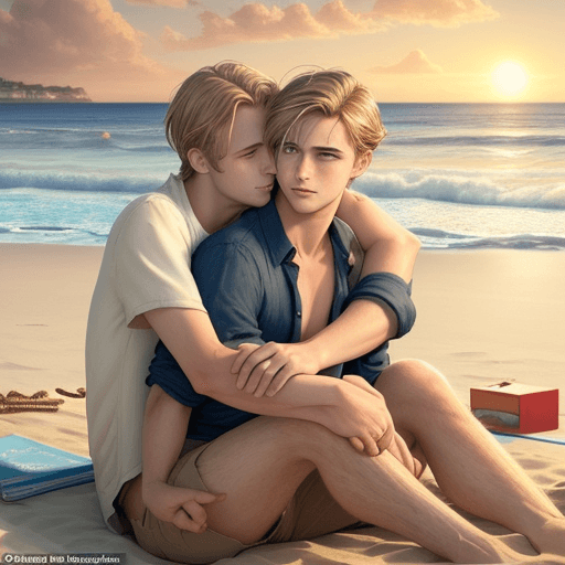 AI generated: sitting on the beach, hug, two men, boys love, watching sunset in the seaside, couple,  Storybook il...