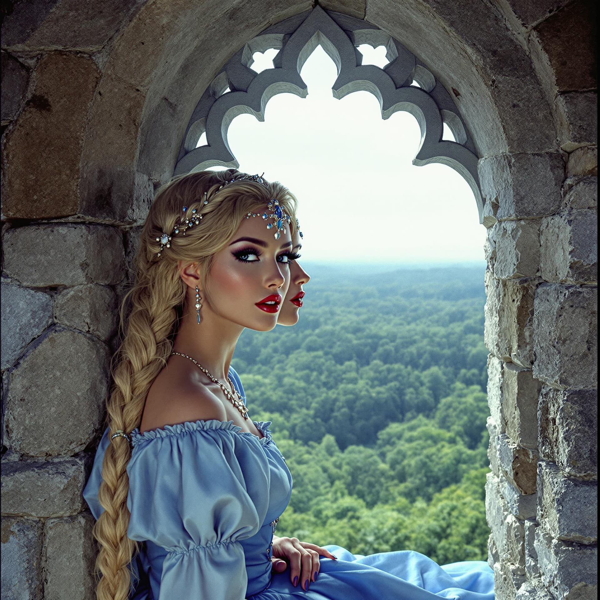 AI generated: 1980s colour photo, cinematic long shot, A beautiful glamorous Asian actress dressed as a blue princ...
