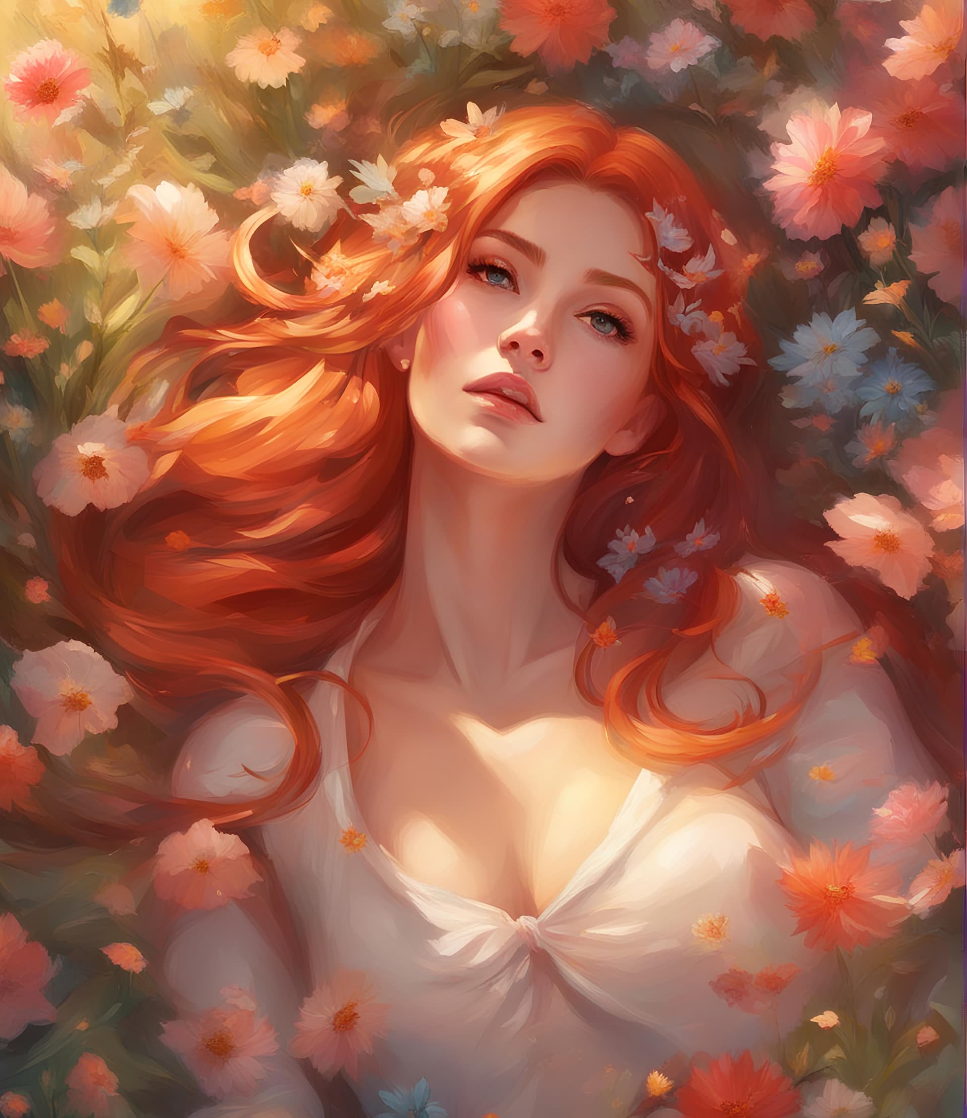 AI generated: a painting of a woman laying in a field of flowers, inspired by Ross Tran, fantasy art, a sword stuc...