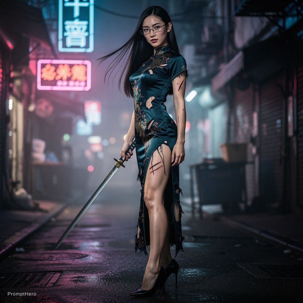 AI generated: An elegant yet strong female character with flowing long, straight hair. A Japanese beauty, wearing ...