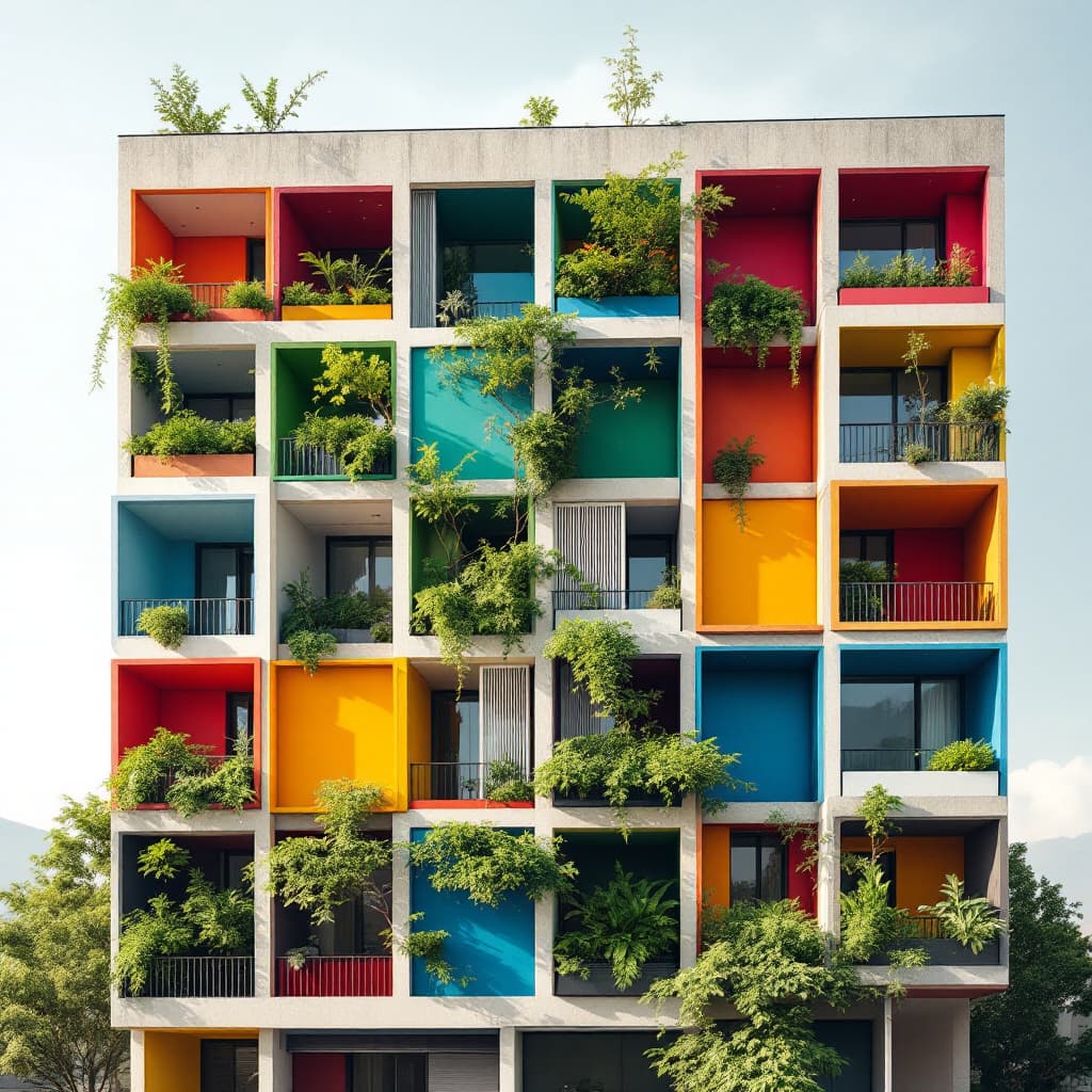 AI generated: An athenian block of buildings in Greece where there are vertical and horizontal coloured panels for...