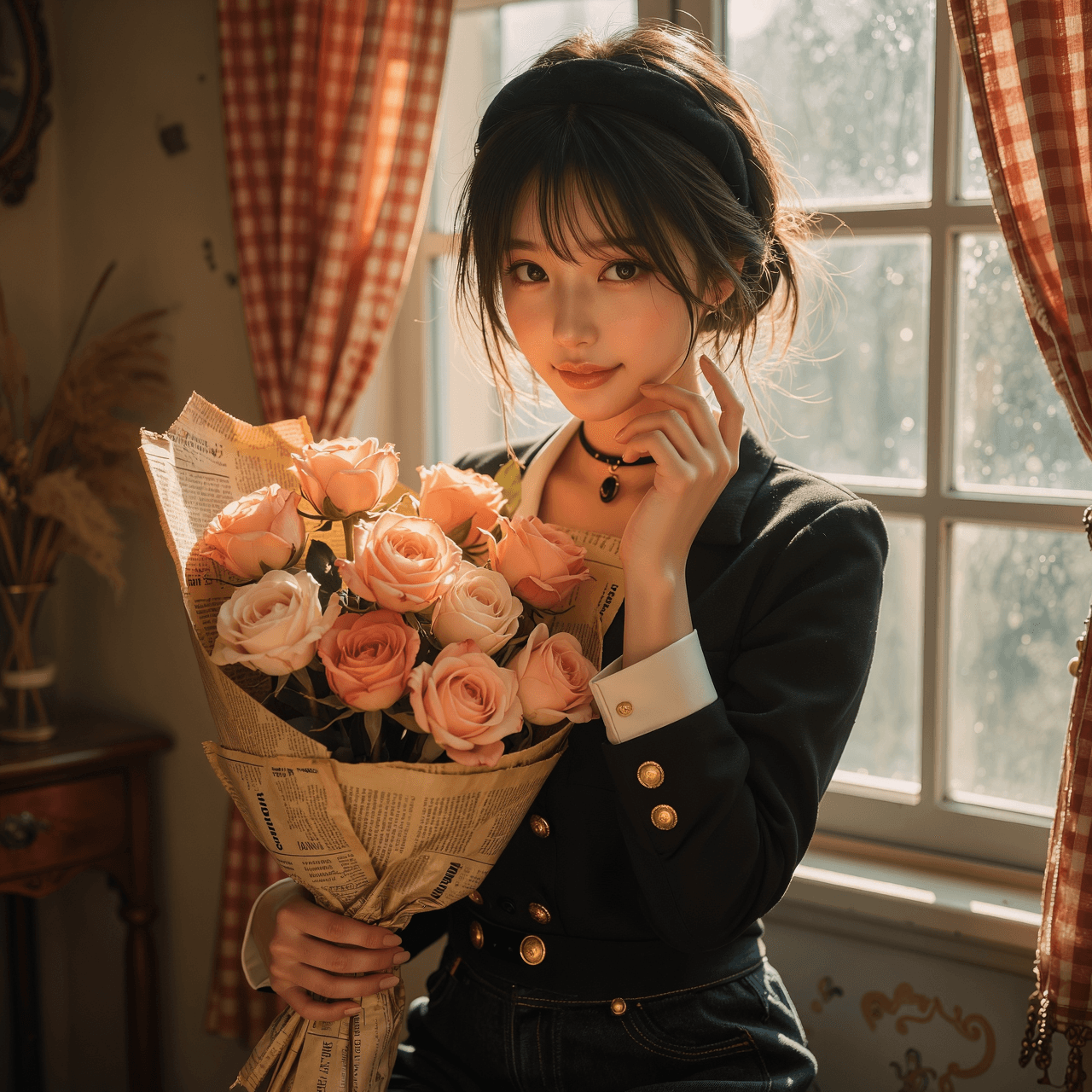 AI generated: A highly detailed, photorealistic, cinematic slight high-angle medium shot of a beautiful young East...