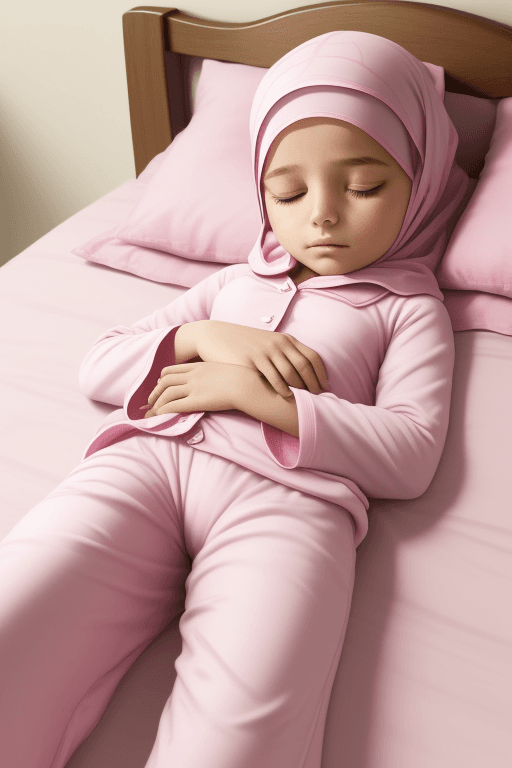 AI generated: Sleeping muslim littlr girl, 9 years old, realistic, she is wearing long pants, she is wearing pink ...