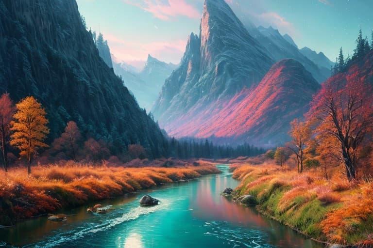 AI generated: mountain landscape, river in the middle, forrest, by kilian eng, (Extremely Detailed Oil Painting:1....