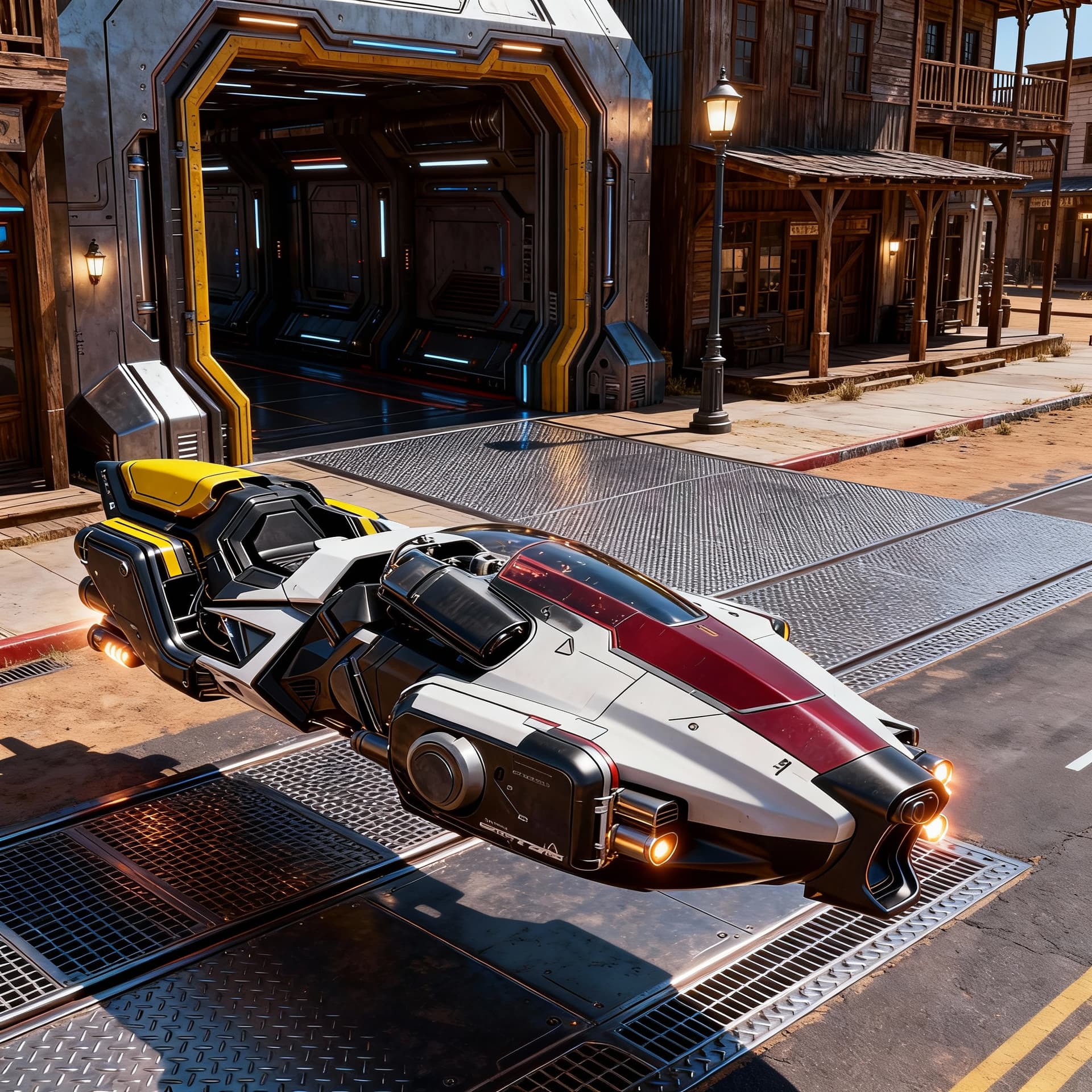 AI generated: Create a sleek, futuristic land speeder that can float across the rough terrain of the Old West. Unr...